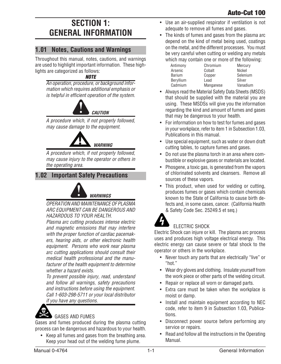 Section 1: general information, 01 notes, cautions and warnings, 02 important safety precautions | Section 1, General information -1, Notes, cautions and warnings -1, Important safety precautions -1, Auto-cut 100 | Tweco 100 Auto-Cut User Manual | Page 17 / 148