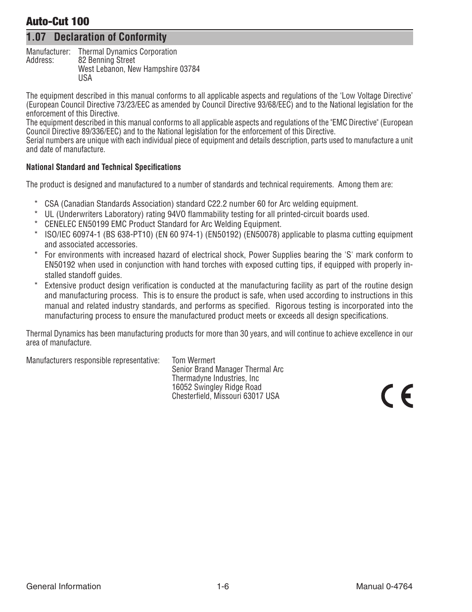 07 declaration of conformity, Declaration of conformity -6, Auto-cut 100 | Tweco 100 Auto-Cut User Manual | Page 22 / 148