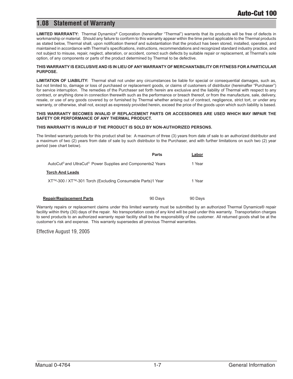 08 statement of warranty, Statement of warranty -7, Auto-cut 100 | Tweco 100 Auto-Cut User Manual | Page 23 / 148