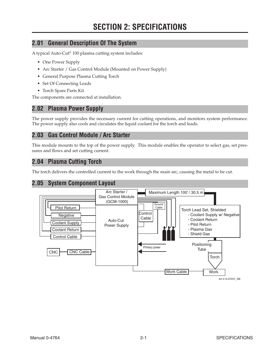 Section 2: specifications, 01 general description of the system, 02 plasma power supply | 03 gas control module / arc starter, 04 plasma cutting torch, 05 system component layout, Section 2: specifications -1, General description of the system -1, Plasma power supply -1, Gas control module / arc starter -1 | Tweco 100 Auto-Cut User Manual | Page 27 / 148