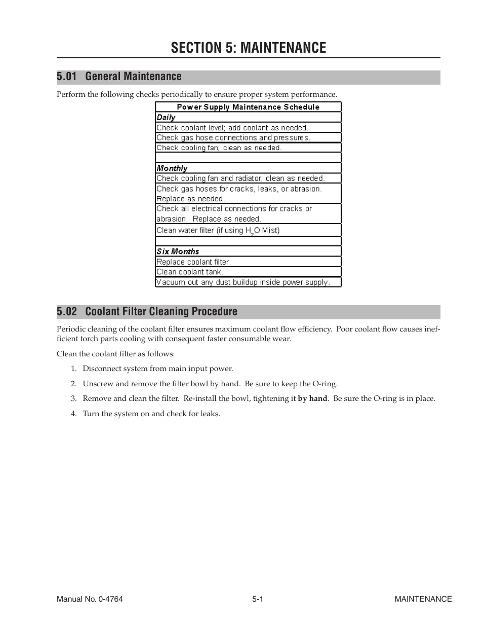 Section 5: maintenance, 01 general maintenance, 02 coolant filter cleaning procedure | Section 5: maintenance -1, General maintenance -1, Coolant filter cleaning procedure -1 | Tweco 100 Auto-Cut User Manual | Page 73 / 148