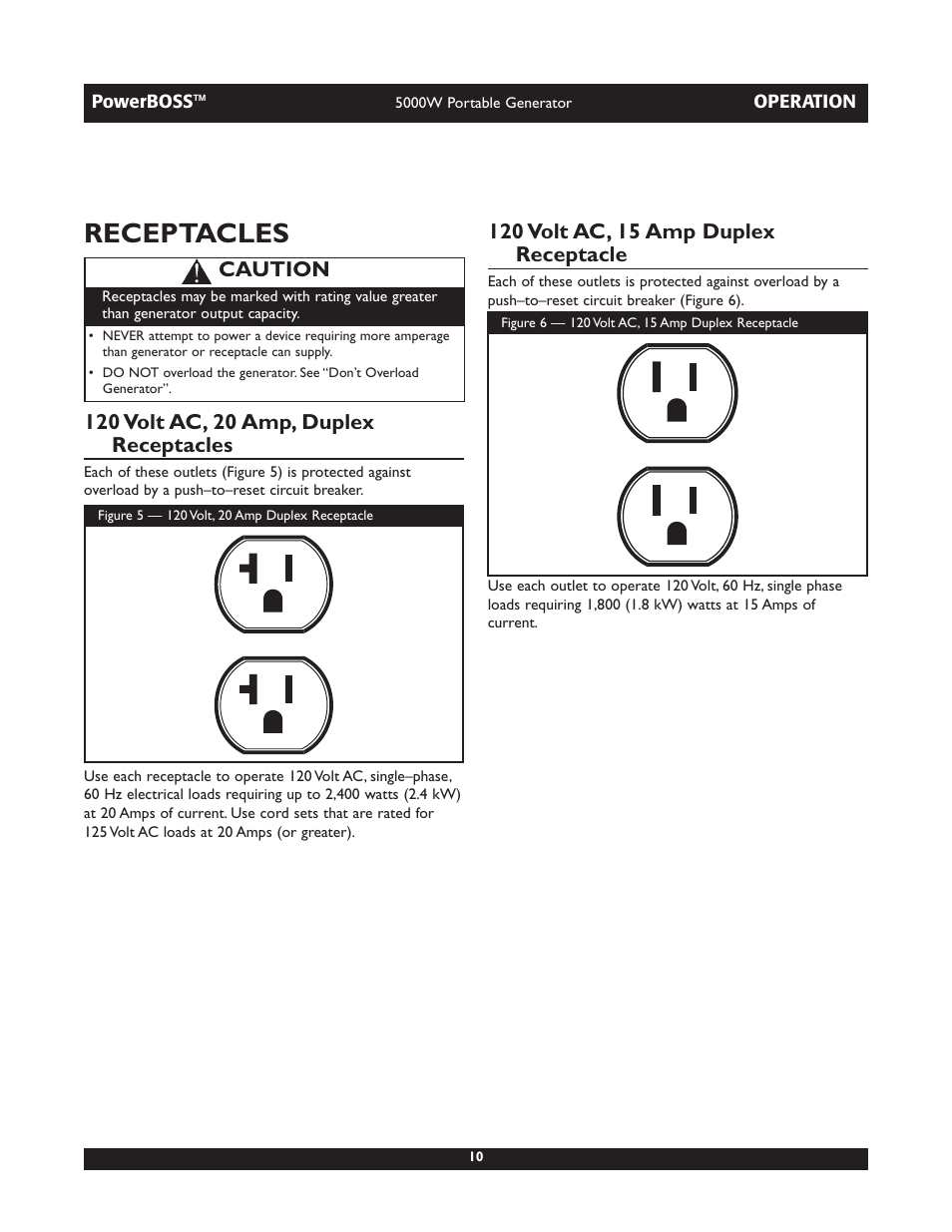 Receptacles, Caution | Briggs & Stratton 030222 User Manual | Page 10 / 28