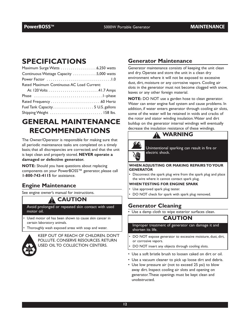 Specifications, General maintenance recommendations, Engine maintenance | Generator maintenance, Generator cleaning, Caution, Warning | Briggs & Stratton 030222 User Manual | Page 12 / 28