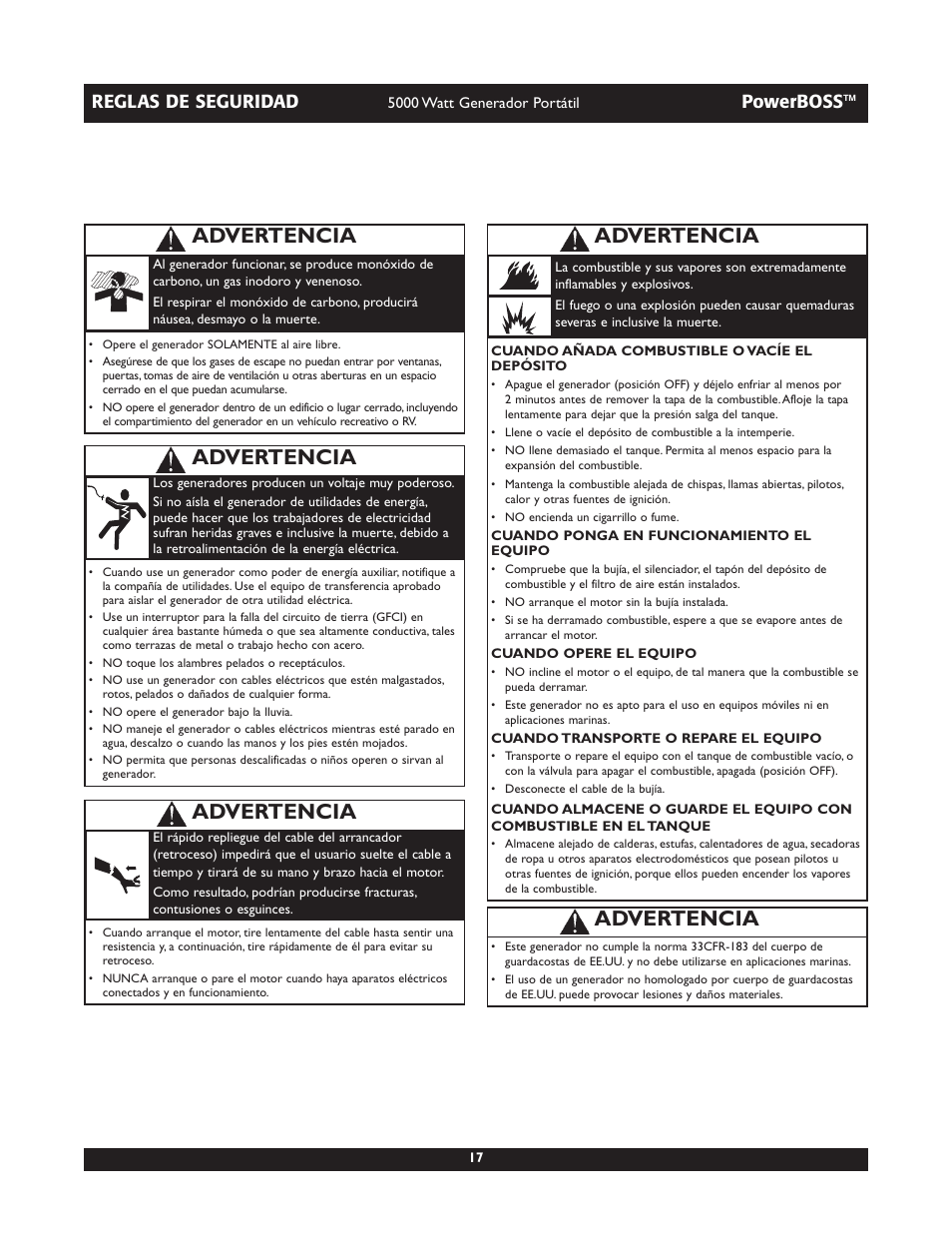 Advertencia, Reglas de seguridad, Powerboss | Briggs & Stratton 030222 User Manual | Page 17 / 28