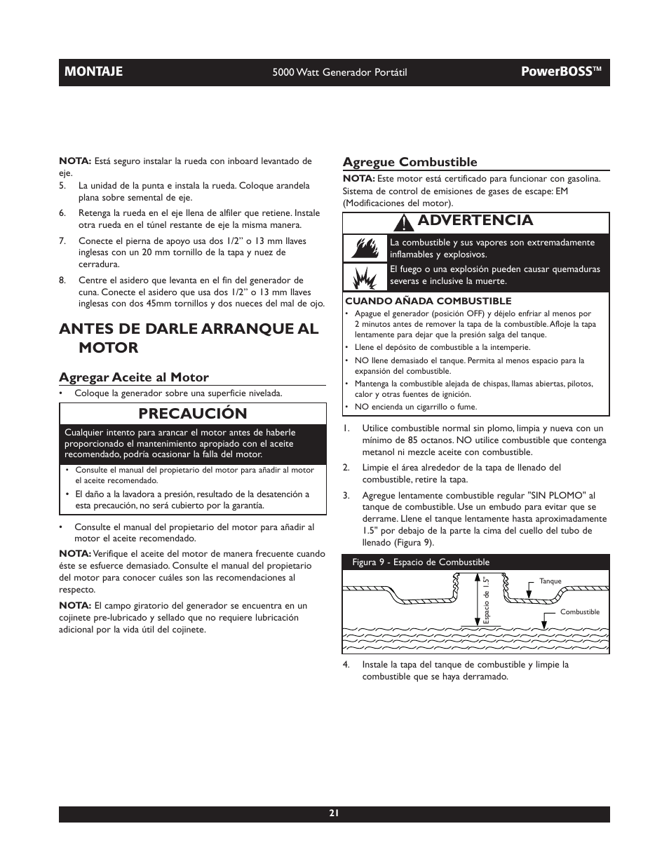 Antes de darle arranque al motor, Precaución, Advertencia | Montaje, Powerboss, Agregar aceite al motor, Agregue combustible | Briggs & Stratton 030222 User Manual | Page 21 / 28