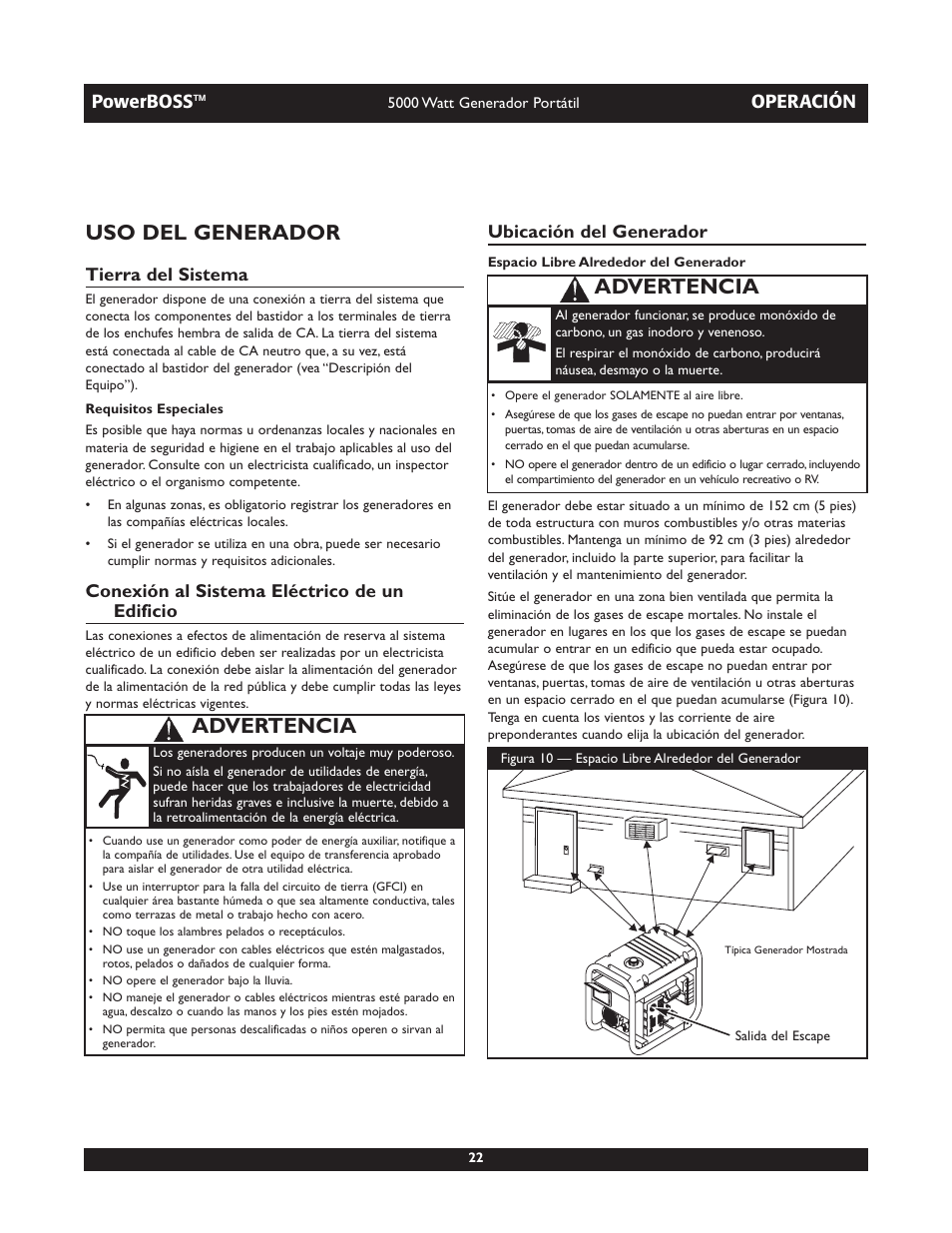 Uso del generador, Advertencia, Powerboss | Operación, Tierra del sistema, Conexión al sistema eléctrico de un edificio, Ubicación del generador | Briggs & Stratton 030222 User Manual | Page 22 / 28