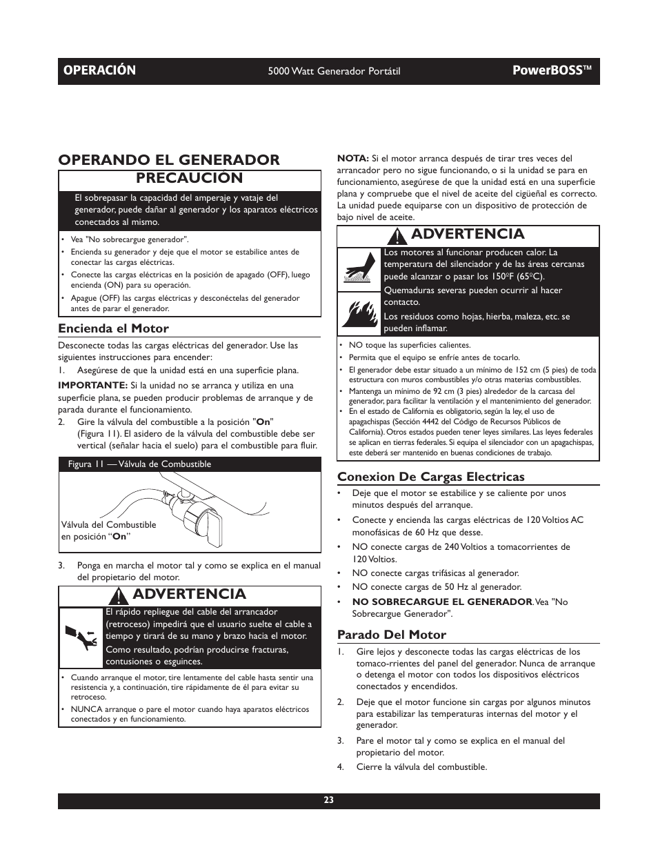 Operando el generador, Precaución, Advertencia | Operación, Powerboss, Encienda el motor, Conexion de cargas electricas, Parado del motor | Briggs & Stratton 030222 User Manual | Page 23 / 28