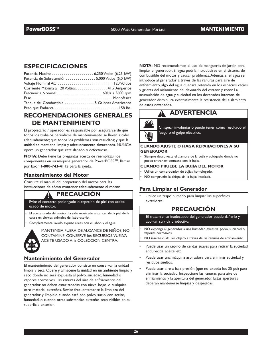Especificaciones, Recomendaciones generales de mantenimiento, Precaución | Advertencia | Briggs & Stratton 030222 User Manual | Page 26 / 28
