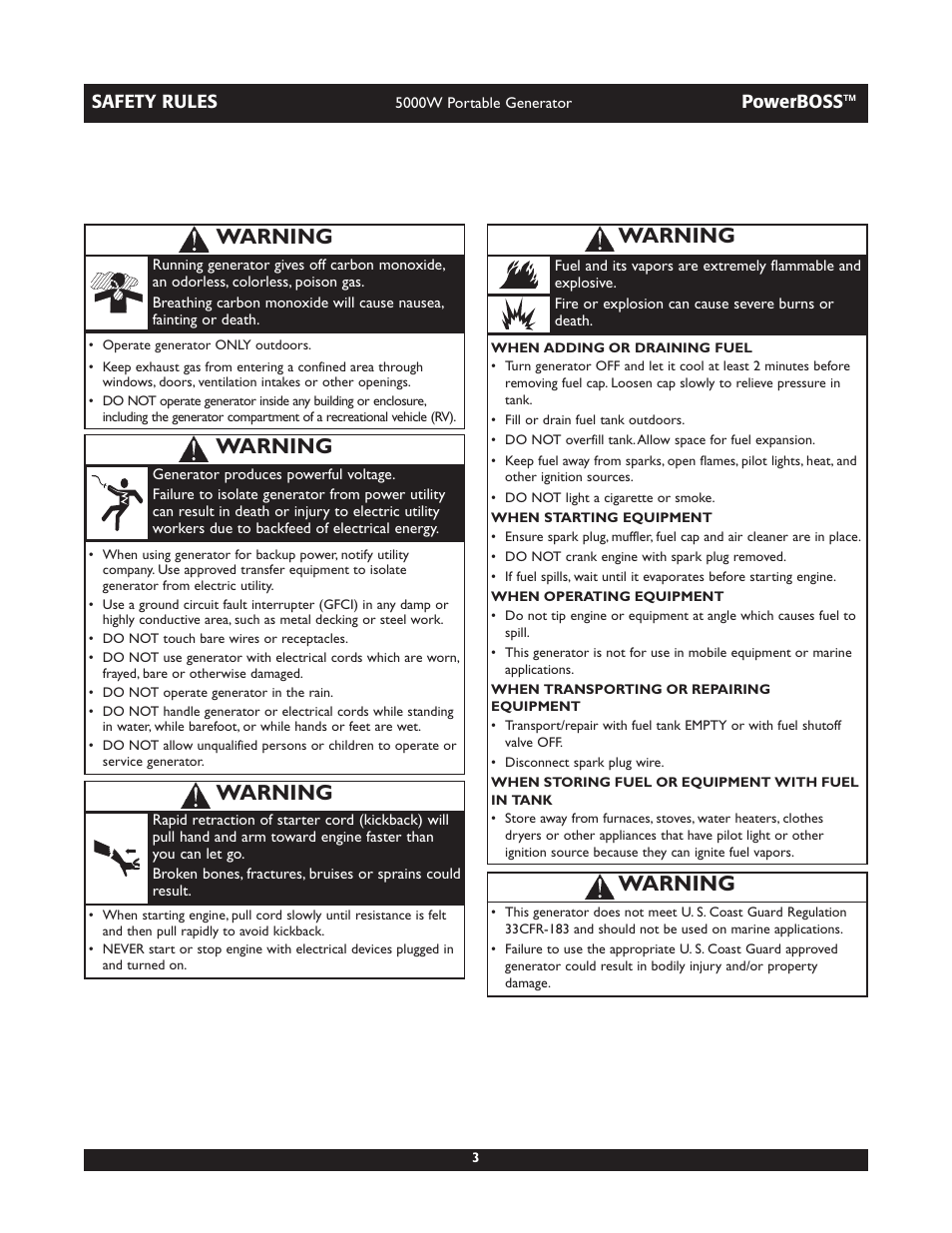 Warning | Briggs & Stratton 030222 User Manual | Page 3 / 28