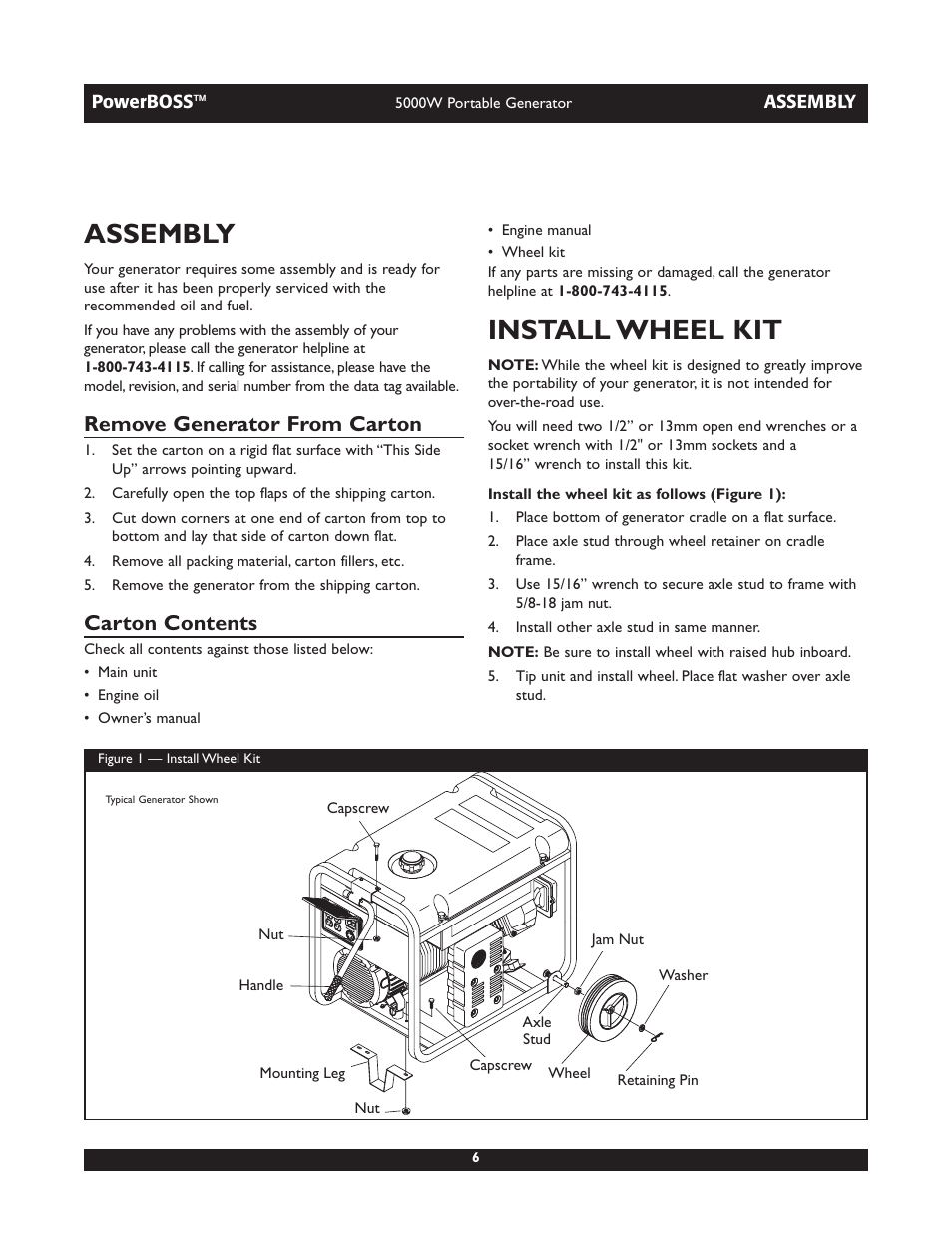 Assembly, Install wheel kit, Remove generator from carton | Carton contents | Briggs & Stratton 030222 User Manual | Page 6 / 28