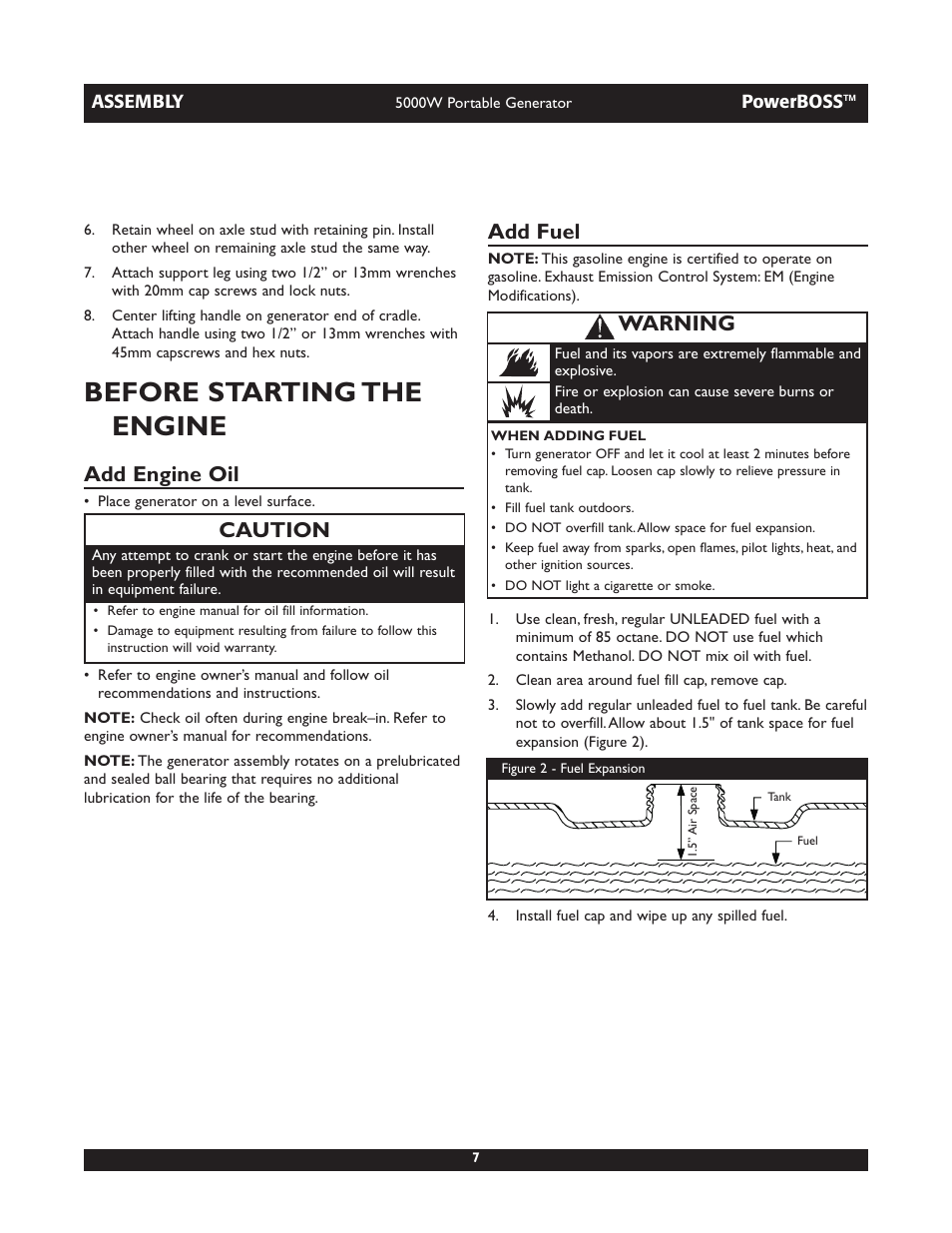 Before starting the engine, Add engine oil, Add fuel | Caution, Warning | Briggs & Stratton 030222 User Manual | Page 7 / 28