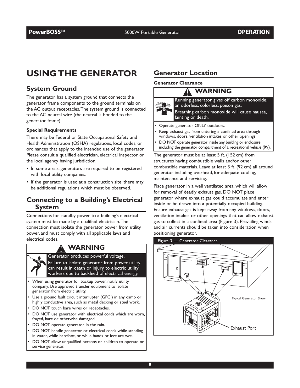 Using the generator, System ground, Connecting to a building’s electrical system | Generator location, Warning | Briggs & Stratton 030222 User Manual | Page 8 / 28