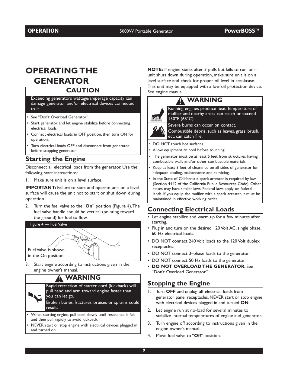 Operating the generator, Starting the engine, Connecting electrical loads | Stopping the engine, Caution, Warning | Briggs & Stratton 030222 User Manual | Page 9 / 28