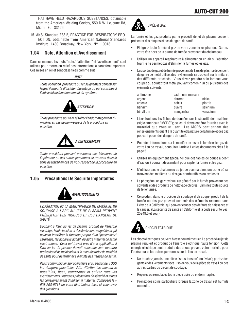 04 note, attention et avertissement, 05 precautions de securite importantes, Auto-cut 200 | Tweco 200 Auto-Cut User Manual | Page 11 / 136