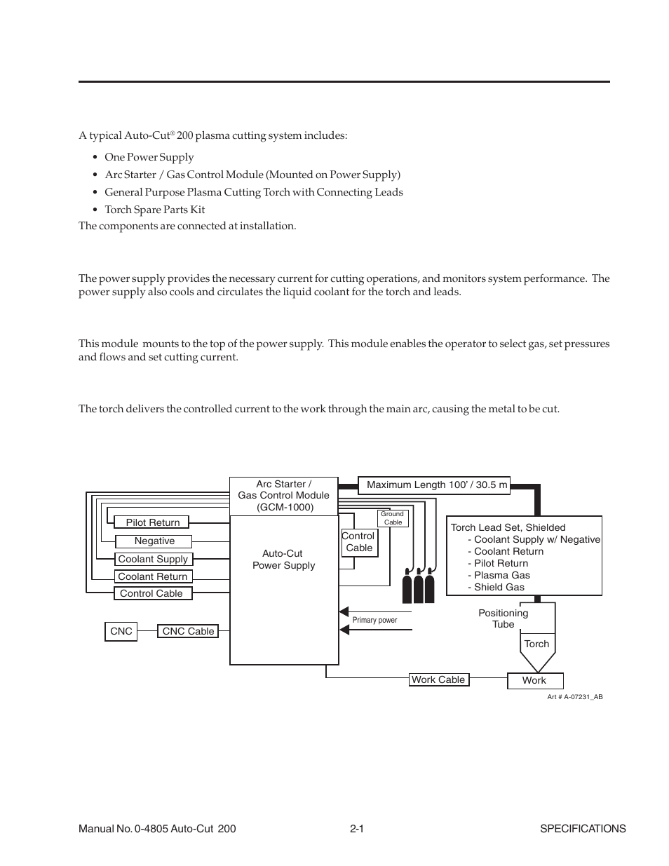 Section 2: specifications, 01 general description of the system, 02 plasma power supply | 03 gas control module / arc starter, 04 plasma cutting torch, 05 system component layout, Section 2: specifications -1 | Tweco 200 Auto-Cut User Manual | Page 17 / 136