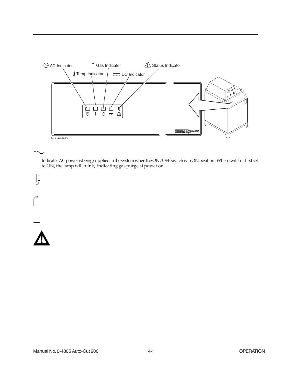 Section 4: operation, 01 power supply indicators, Section 4: operation -1 | 01 power supply indicators -1 | Tweco 200 Auto-Cut User Manual | Page 53 / 136