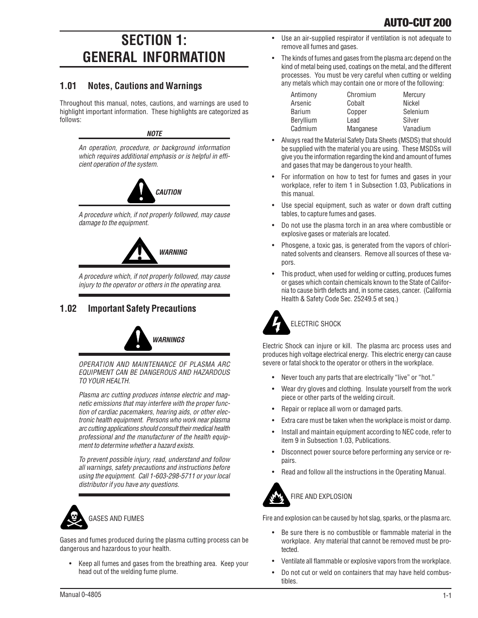 Section 1: general information, 01 notes, cautions and warnings, 02 important safety precautions | Section 1, General information -1, Auto-cut 200 | Tweco 200 Auto-Cut User Manual | Page 9 / 136