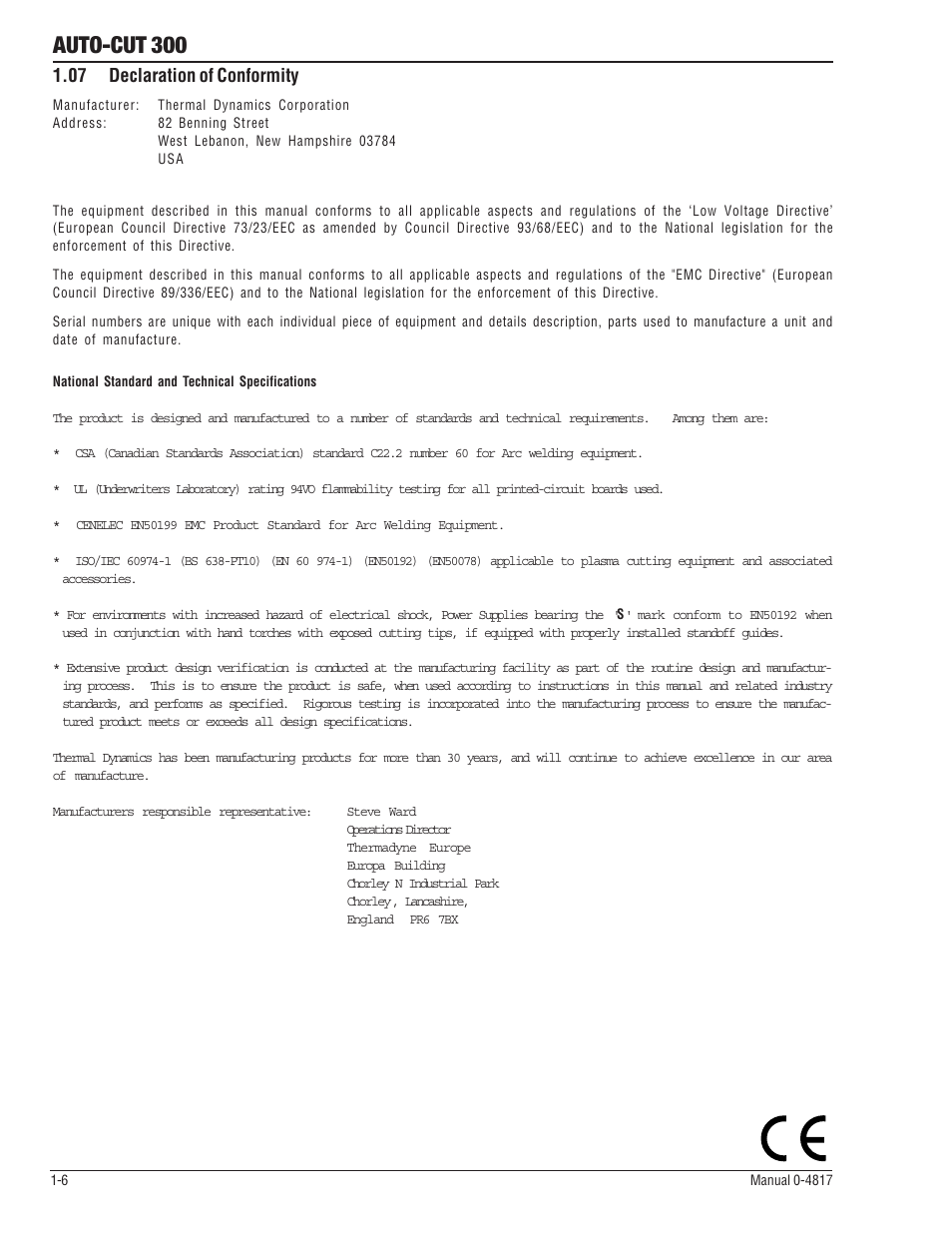 07 declaration of conformity, 07 declaration of conformity -6, Auto-cut 300 | Tweco 300 Auto-Cut User Manual | Page 24 / 164