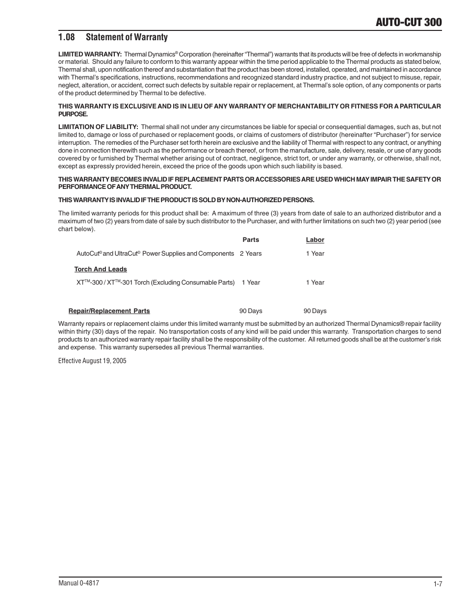 08 statement of warranty, 08 statement of warranty -7, Auto-cut 300 | Tweco 300 Auto-Cut User Manual | Page 25 / 164