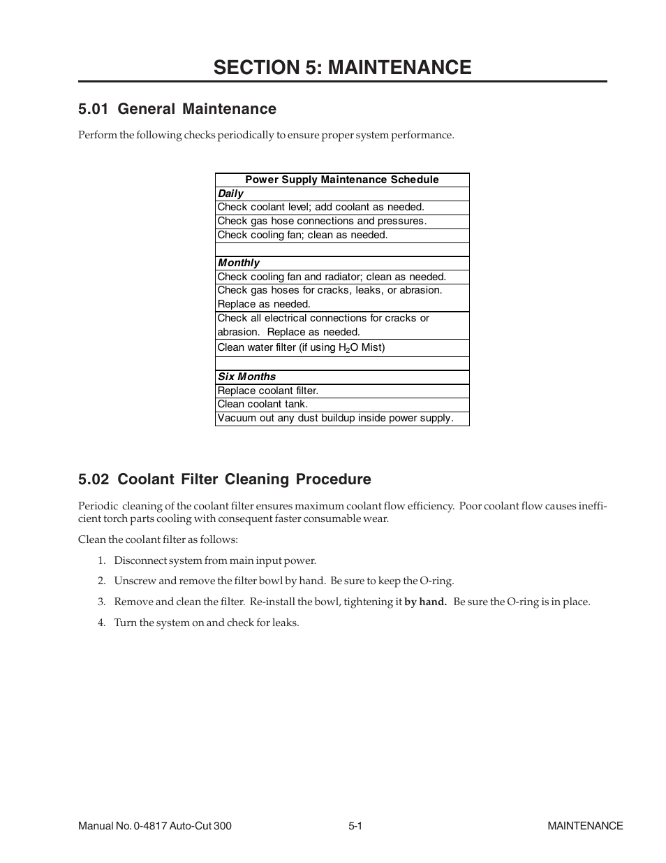 Section 5: maintenance, 01 general maintenance, 02 coolant filter cleaning procedure | Section 5: maintenance -1 | Tweco 300 Auto-Cut User Manual | Page 83 / 164