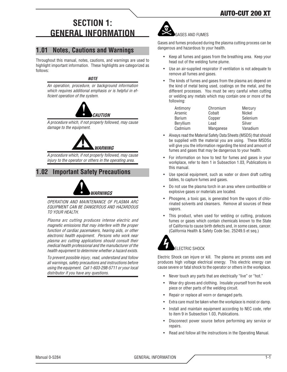 Section 1: general information, 01 notes, cautions and warnings, 02 important safety precautions | Section 1, General information -1, Notes, cautions and warnings -1, Important safety precautions -1, Auto-cut 200 xt | Tweco 200 XT Auto-Cut 400V User Manual | Page 9 / 160