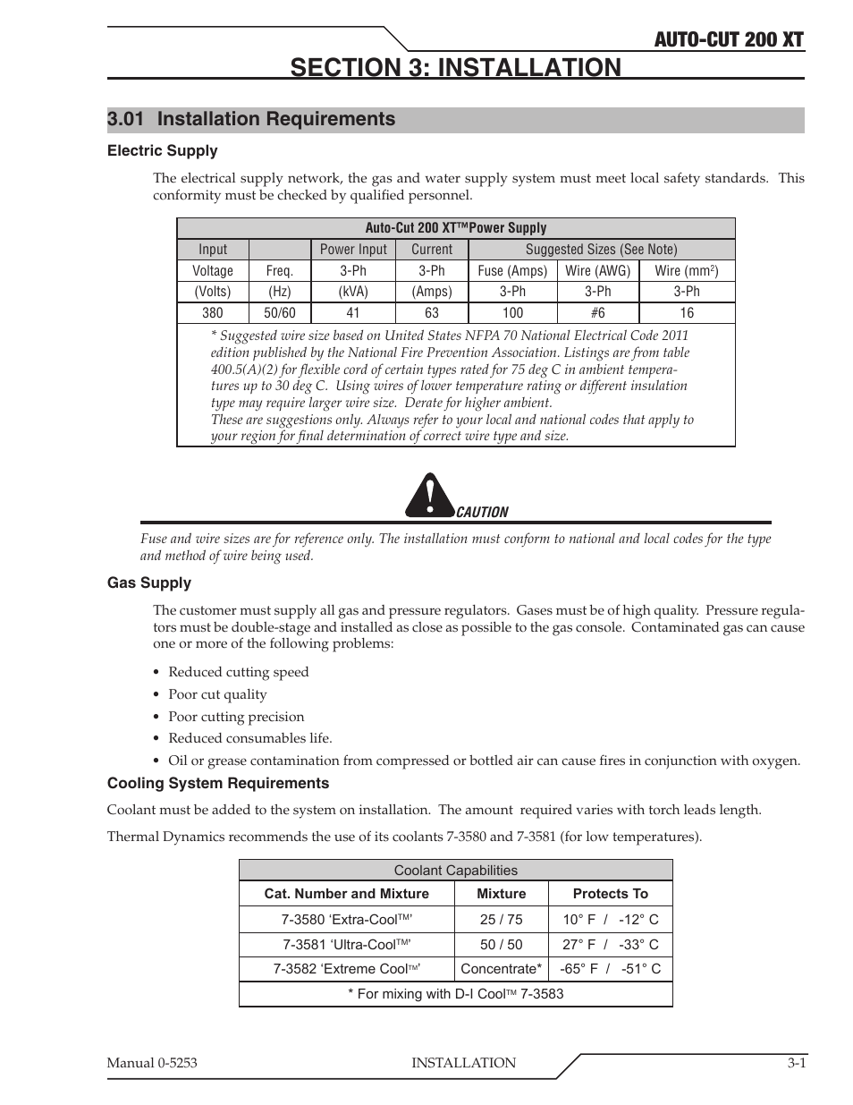 Section 3: installation, 01 installation requirements, Section 3: installation -1 | Installation requirements -1, Auto-cut 200 xt | Tweco 200 XT Auto-Cut 380V User Manual | Page 25 / 166