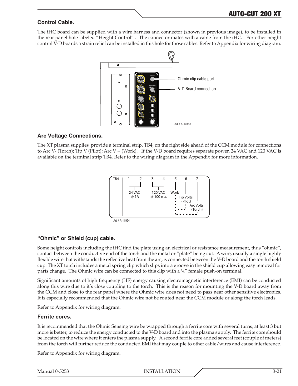 Auto-cut 200 xt, Control cable, Arc voltage connections | Ohmic” or shield (cup) cable, Ferrite cores | Tweco 200 XT Auto-Cut 380V User Manual | Page 45 / 166