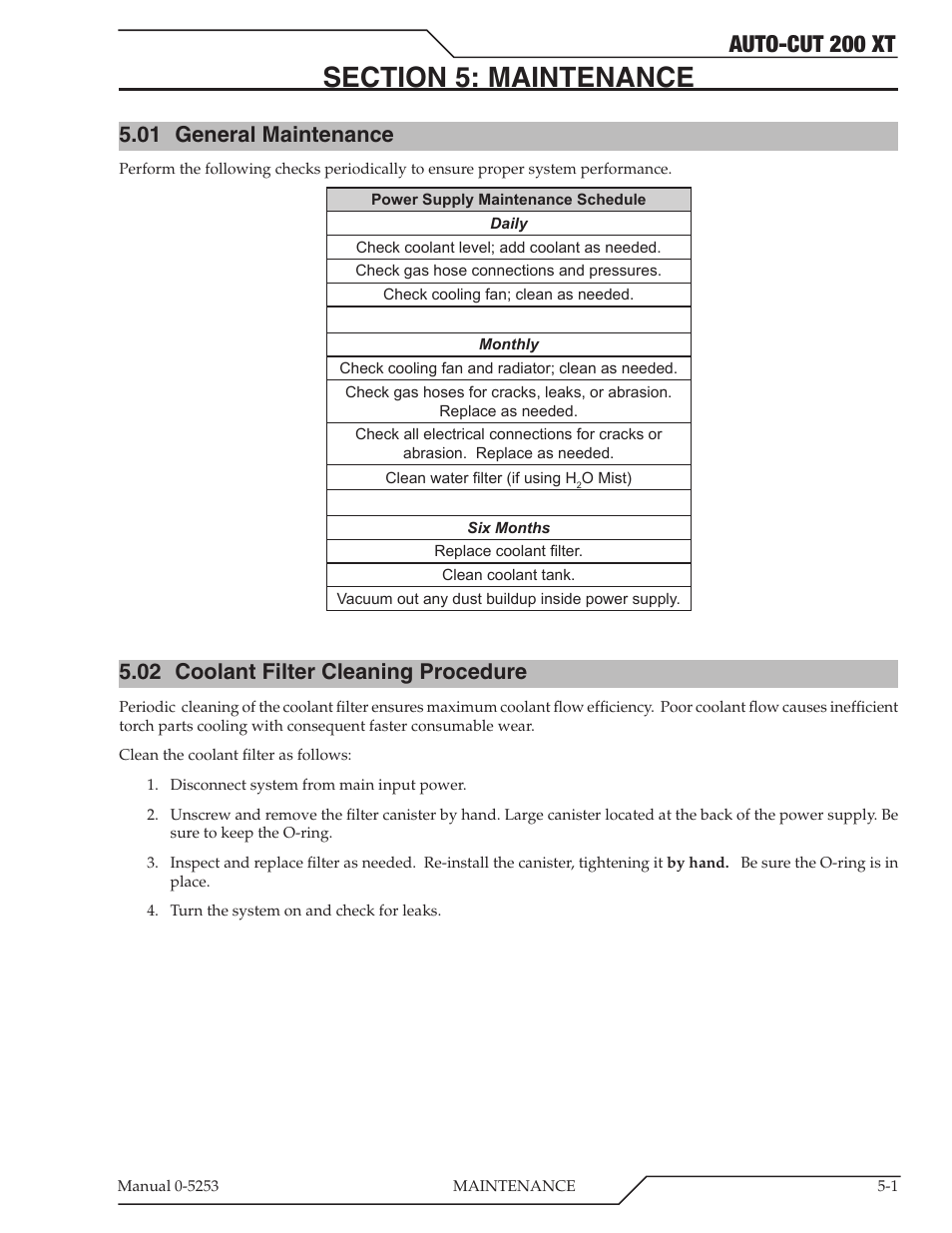 Section 5: maintenance, 01 general maintenance, 02 coolant filter cleaning procedure | Section 5: maintenance -1, General maintenance -1, Coolant filter cleaning procedure -1, Auto-cut 200 xt | Tweco 200 XT Auto-Cut 380V User Manual | Page 67 / 166