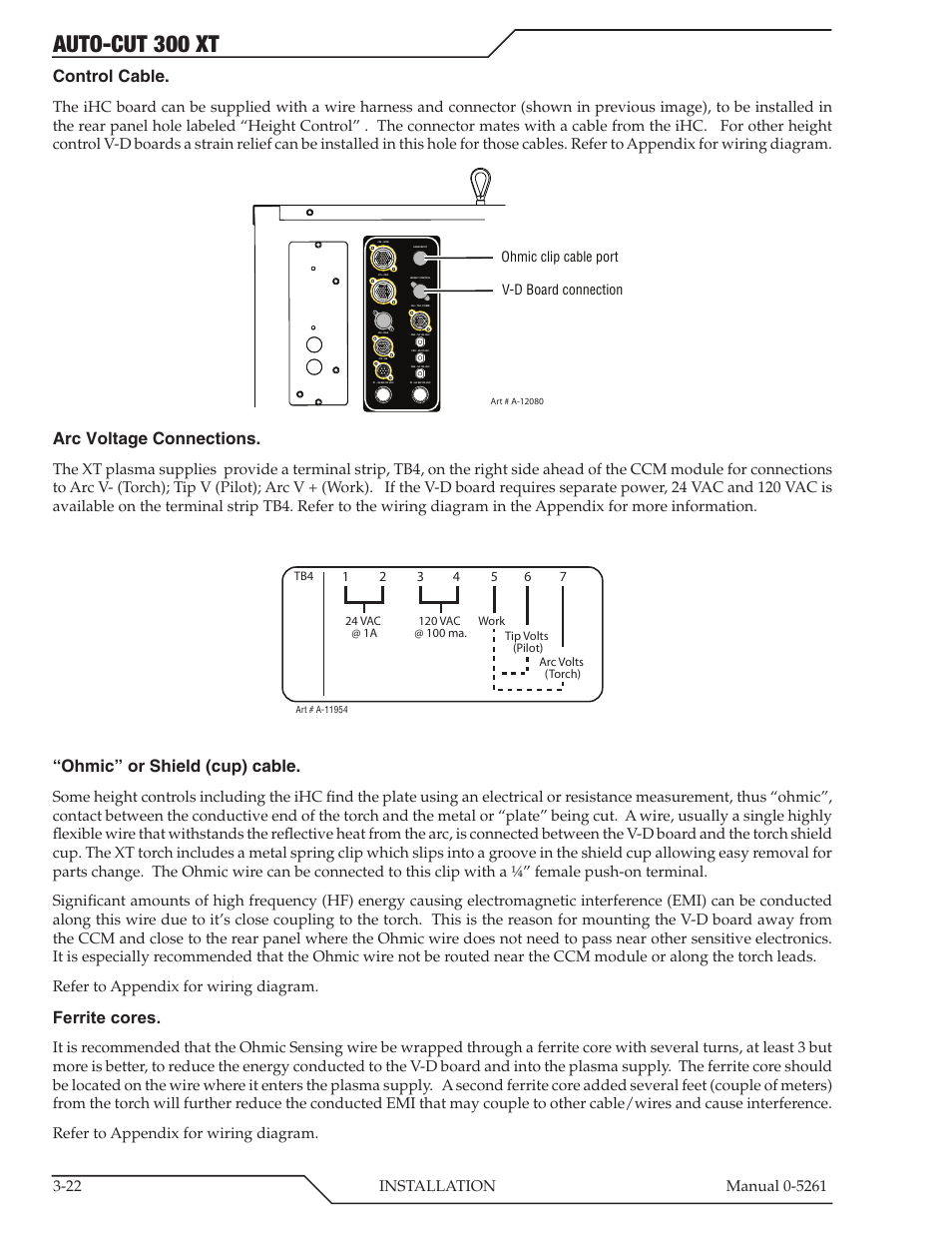 Auto-cut 300 xt, Control cable, Arc voltage connections | Ohmic” or shield (cup) cable, Ferrite cores | Tweco 300 XT Auto-Cut 380V User Manual | Page 46 / 160