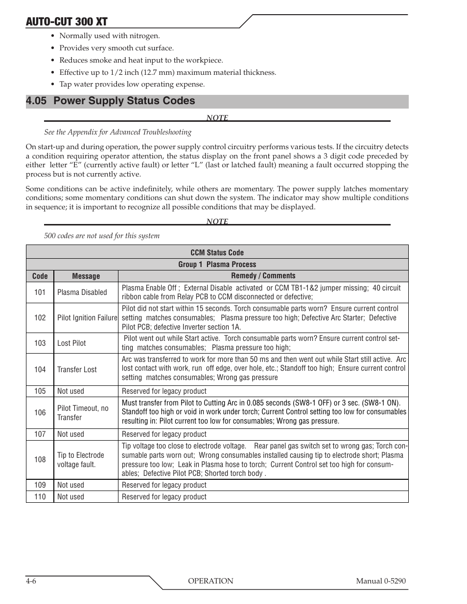 05 power supply status codes, Power supply status codes -6, Auto-cut 300 xt | Tweco 300 XT Auto-Cut 400V User Manual | Page 54 / 158