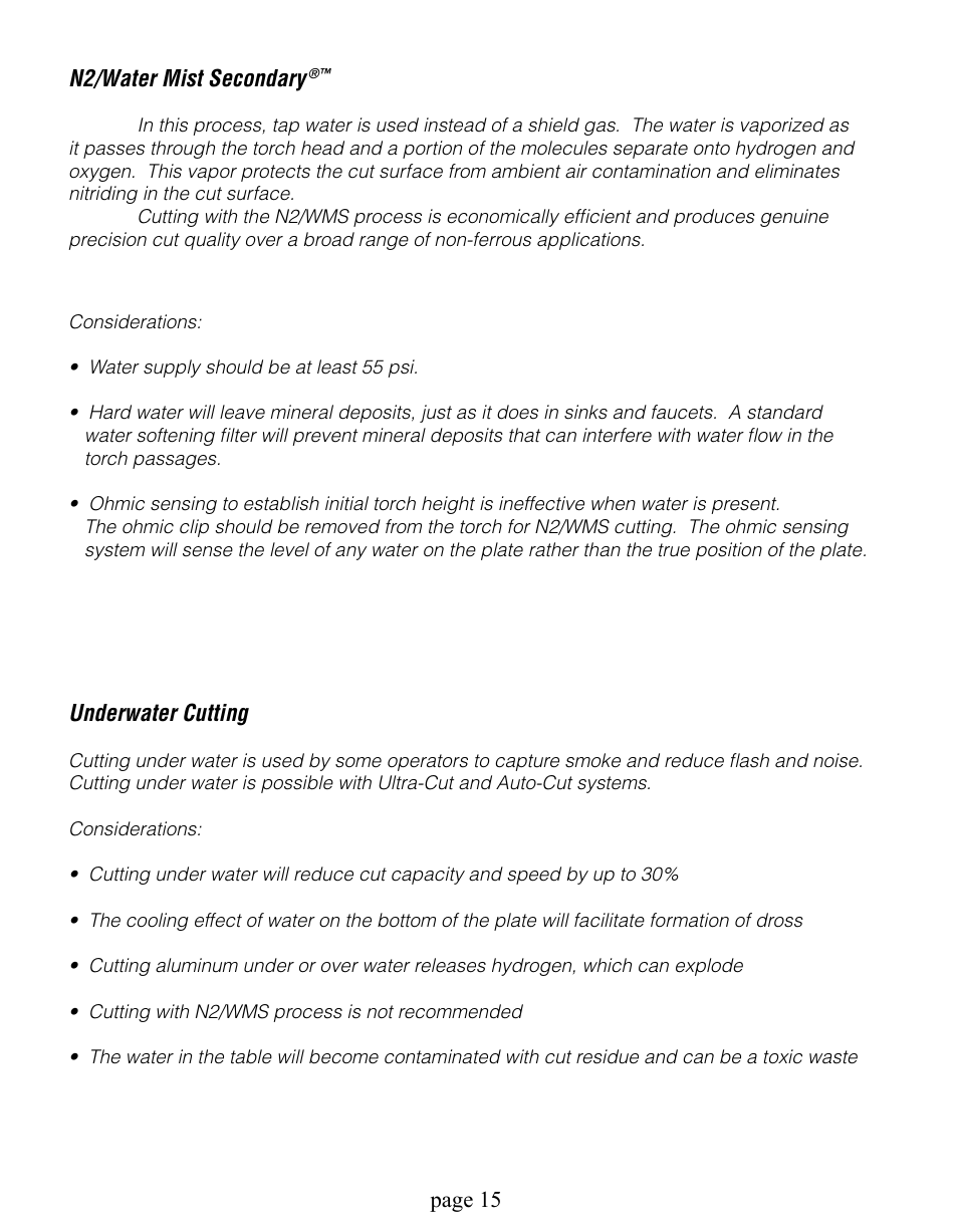 Underwater cutting, N2/water mist secondary, Page 1 | Tweco Dynamics Automation User Manual | Page 15 / 24