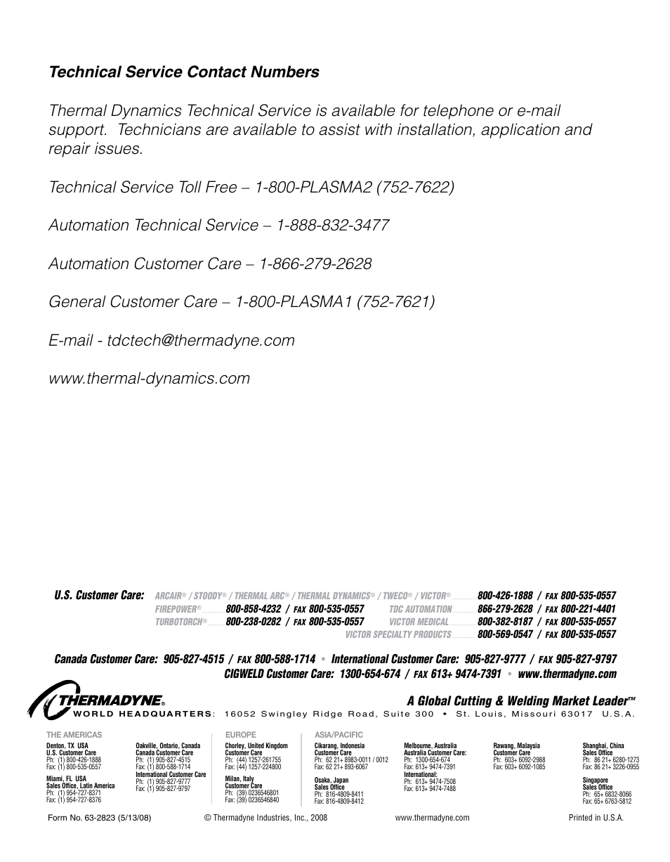 A global cutting & welding market leader, U.s. customer care | Tweco Dynamics Automation User Manual | Page 24 / 24