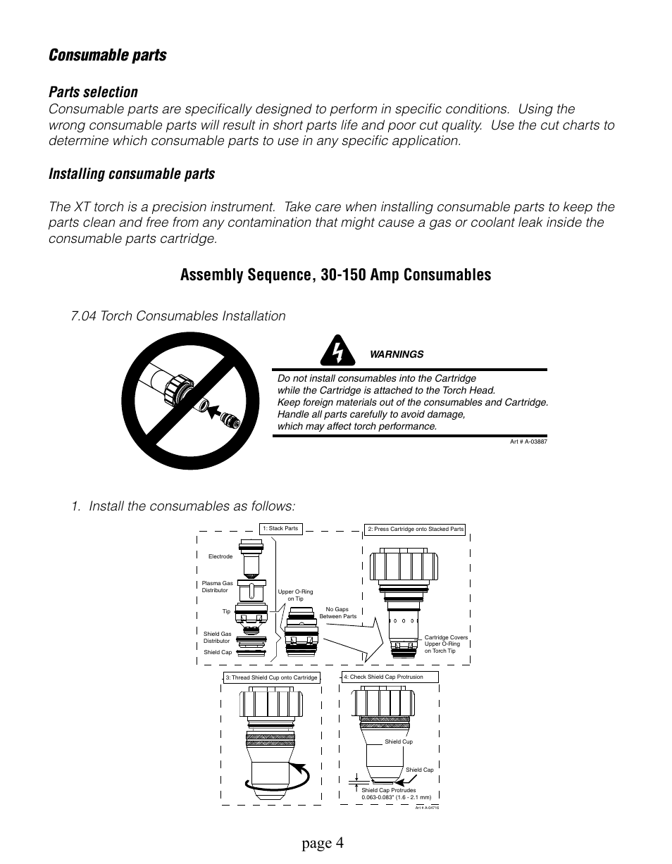 Consumable parts, Page, Parts selection | Installing consumable parts, 04 torch consumables installation, Install the consumables as follows | Tweco Dynamics Automation User Manual | Page 4 / 24