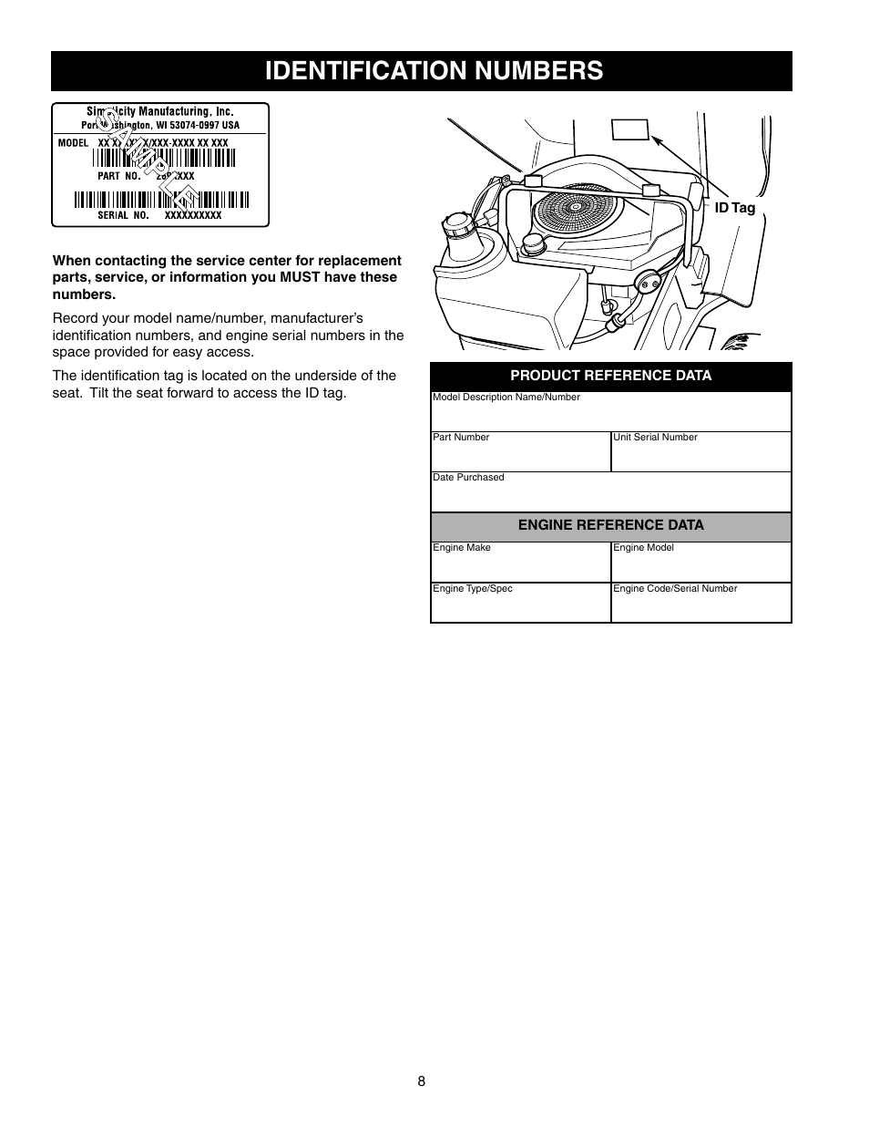 Sa m p le, Identification numbers | Briggs & Stratton 150Z Series User Manual | Page 10 / 38