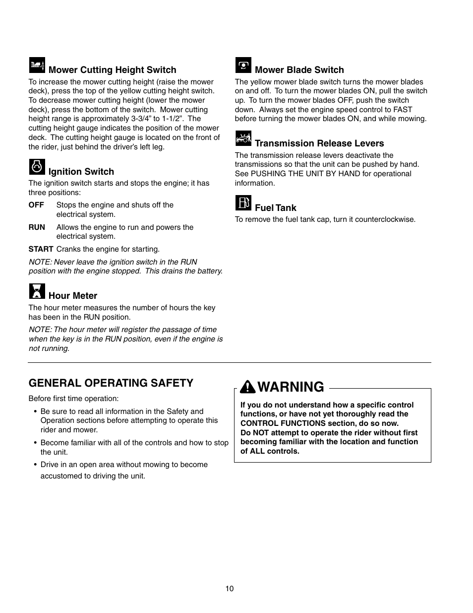 Warning, General operating safety | Briggs & Stratton 150Z Series User Manual | Page 12 / 38
