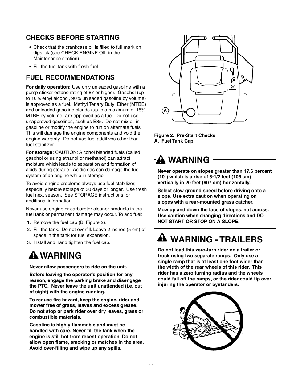 Warning, Warning - trailers, Checks before starting | Fuel recommendations | Briggs & Stratton 150Z Series User Manual | Page 13 / 38