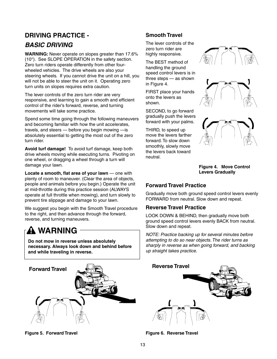 Warning, Basic driving, Driving practice | Briggs & Stratton 150Z Series User Manual | Page 15 / 38