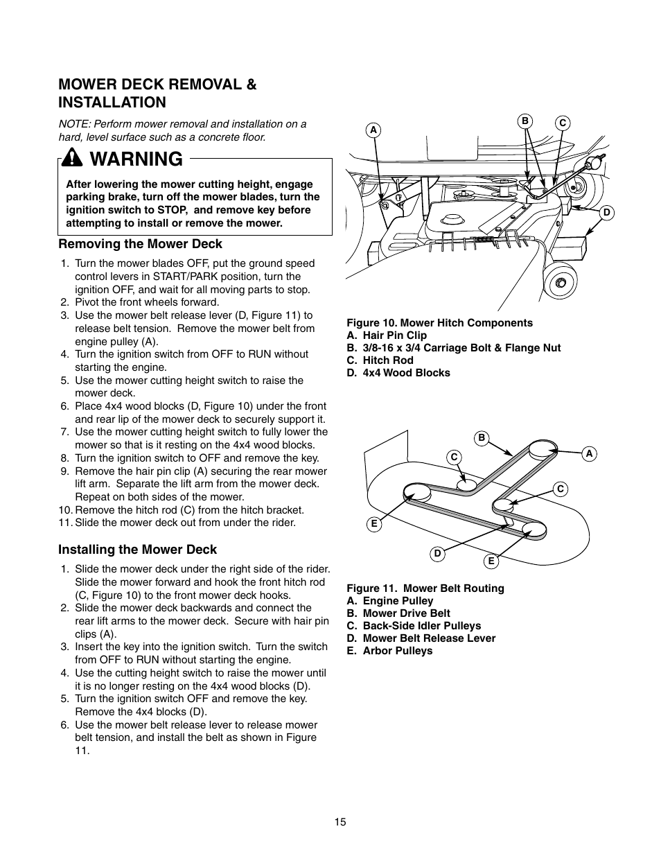Warning, Mower deck removal & installation | Briggs & Stratton 150Z Series User Manual | Page 17 / 38