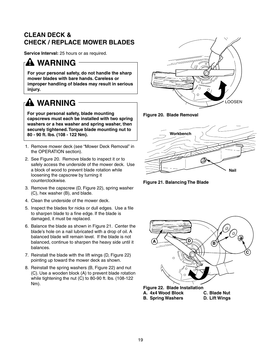 Warning, Clean deck & check / replace mower blades | Briggs & Stratton 150Z Series User Manual | Page 21 / 38