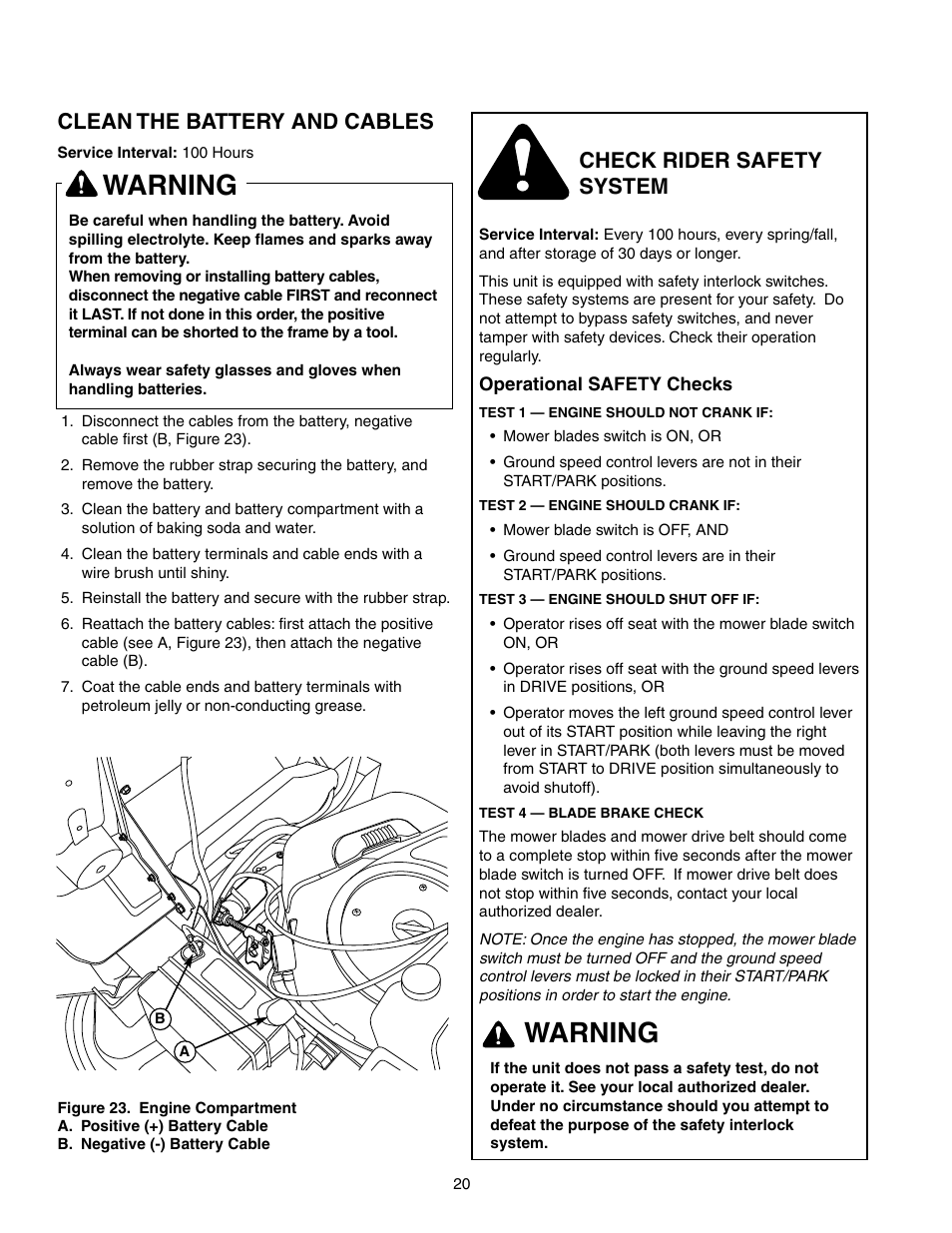 Warning, Clean the battery and cables, Check rider safety system | Briggs & Stratton 150Z Series User Manual | Page 22 / 38