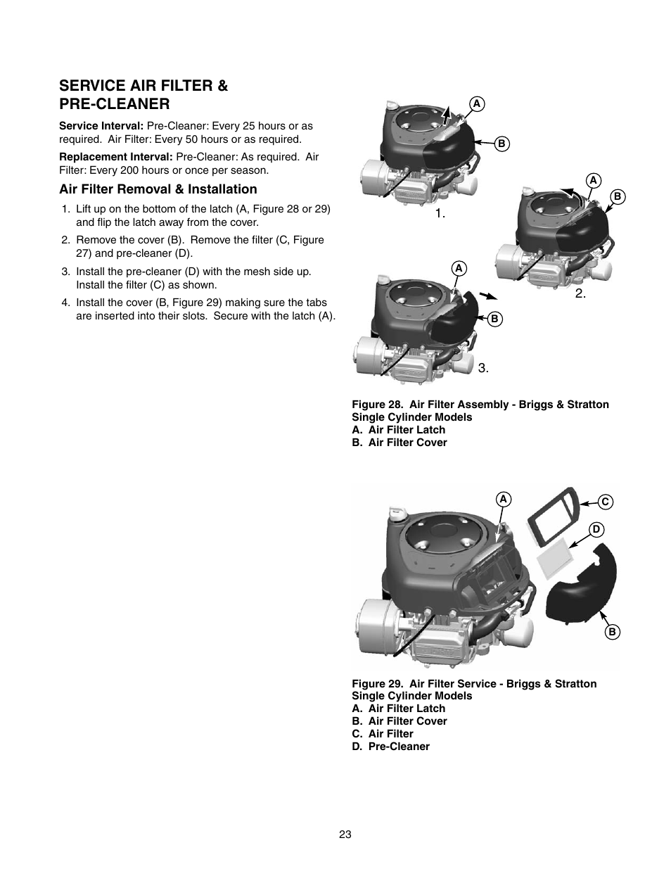 Service air filter & pre-cleaner | Briggs & Stratton 150Z Series User Manual | Page 25 / 38