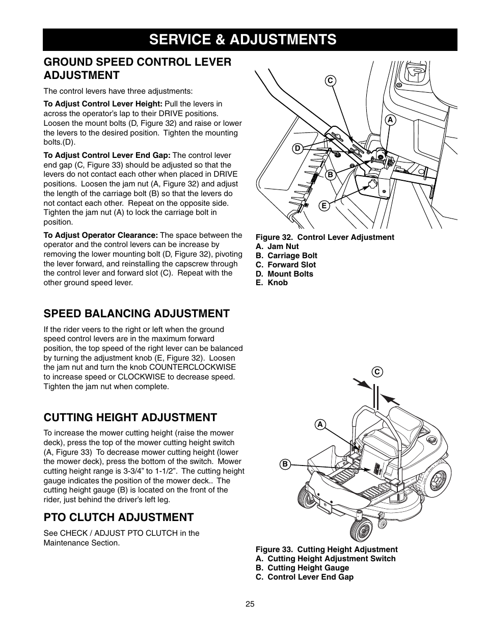 Service & adjustments, Ground speed control lever adjustment, Speed balancing adjustment | Cutting height adjustment, Pto clutch adjustment | Briggs & Stratton 150Z Series User Manual | Page 27 / 38