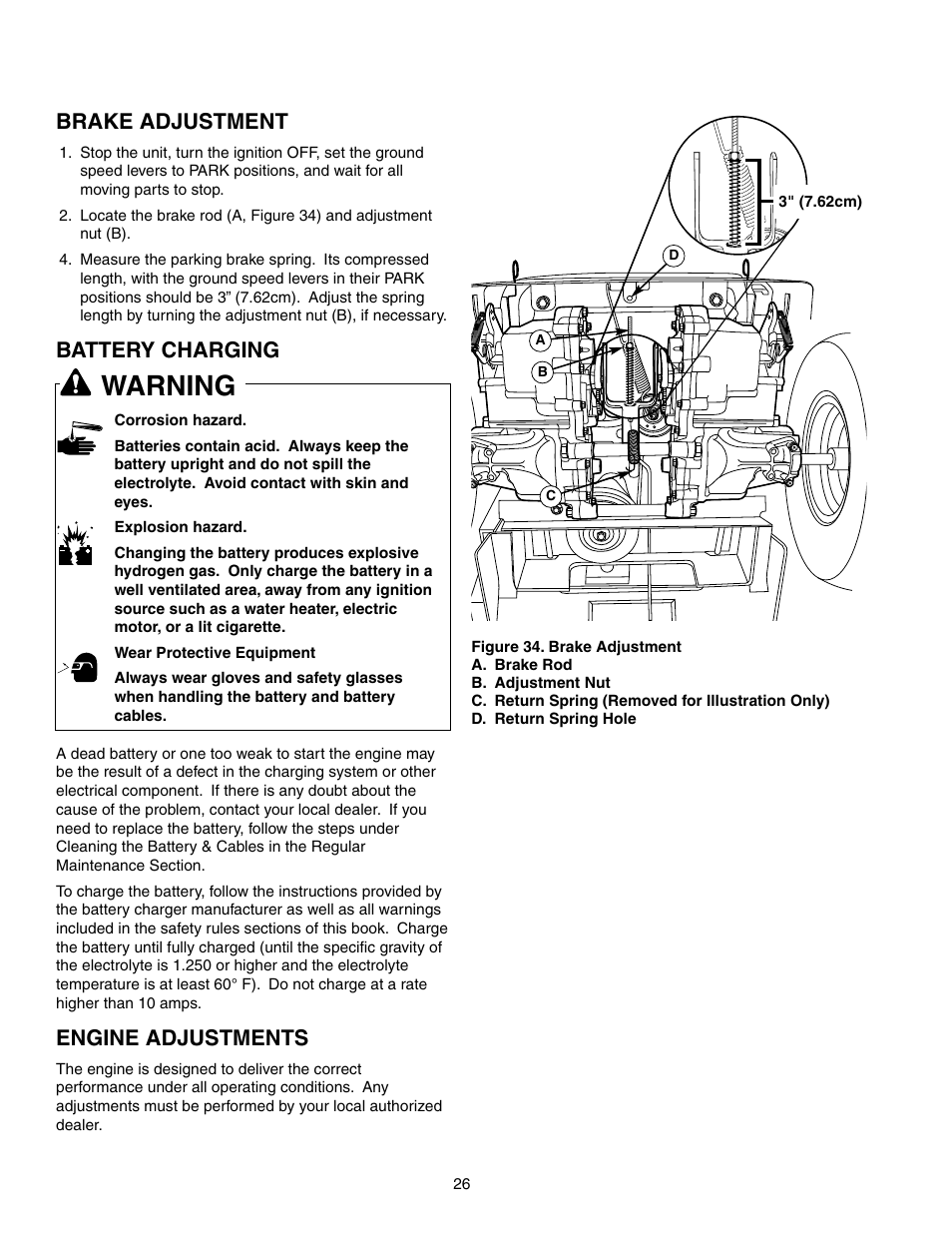 Warning, Brake adjustment, Battery charging | Engine adjustments | Briggs & Stratton 150Z Series User Manual | Page 28 / 38
