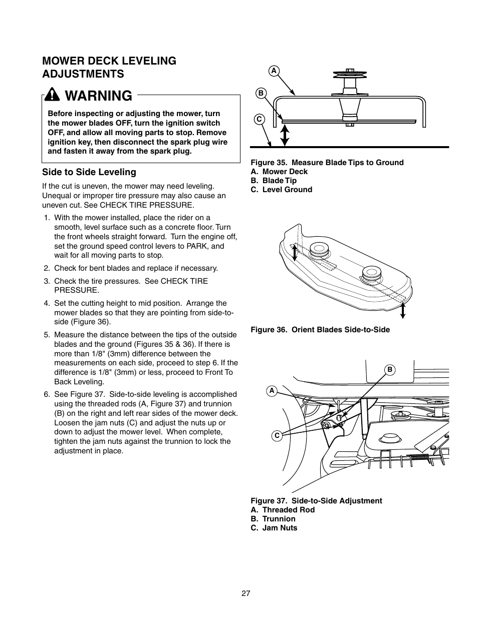 Warning, Mower deck leveling adjustments | Briggs & Stratton 150Z Series User Manual | Page 29 / 38