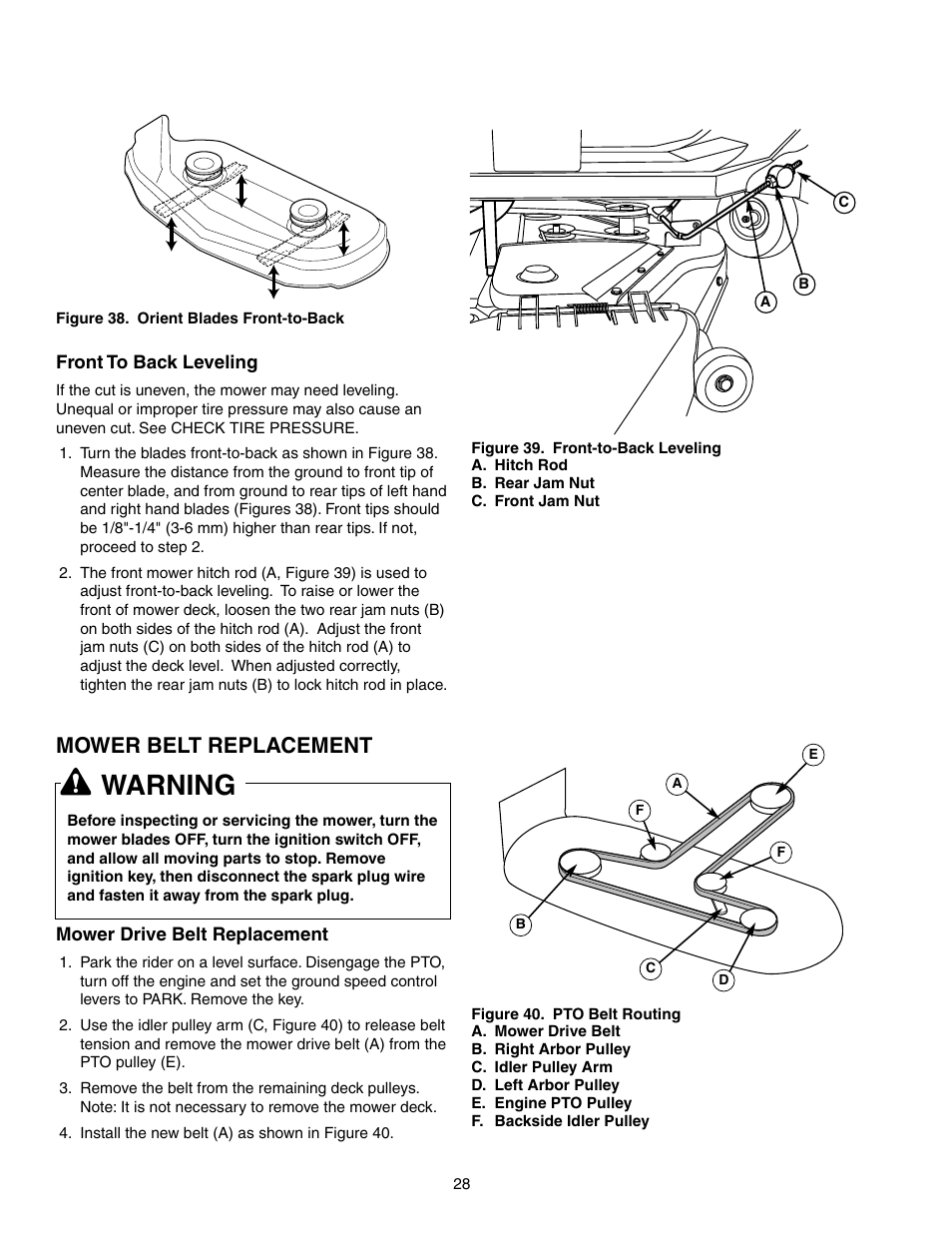 Warning, Mower belt replacement | Briggs & Stratton 150Z Series User Manual | Page 30 / 38