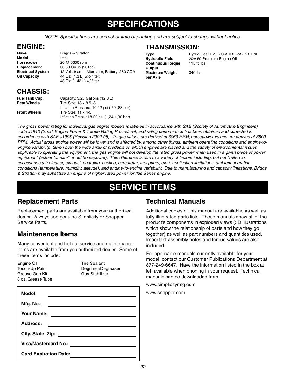Specifications service items, Engine, Chassis | Transmission, Replacement parts, Technical manuals, Maintenance items | Briggs & Stratton 150Z Series User Manual | Page 34 / 38