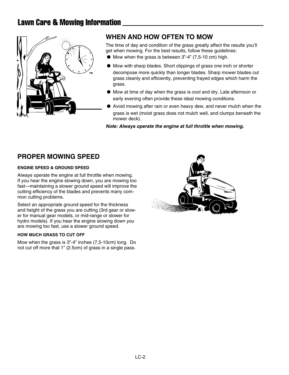 Lawn care & mowing information, When and how often to mow, Proper mowing speed | Briggs & Stratton 150Z Series User Manual | Page 37 / 38