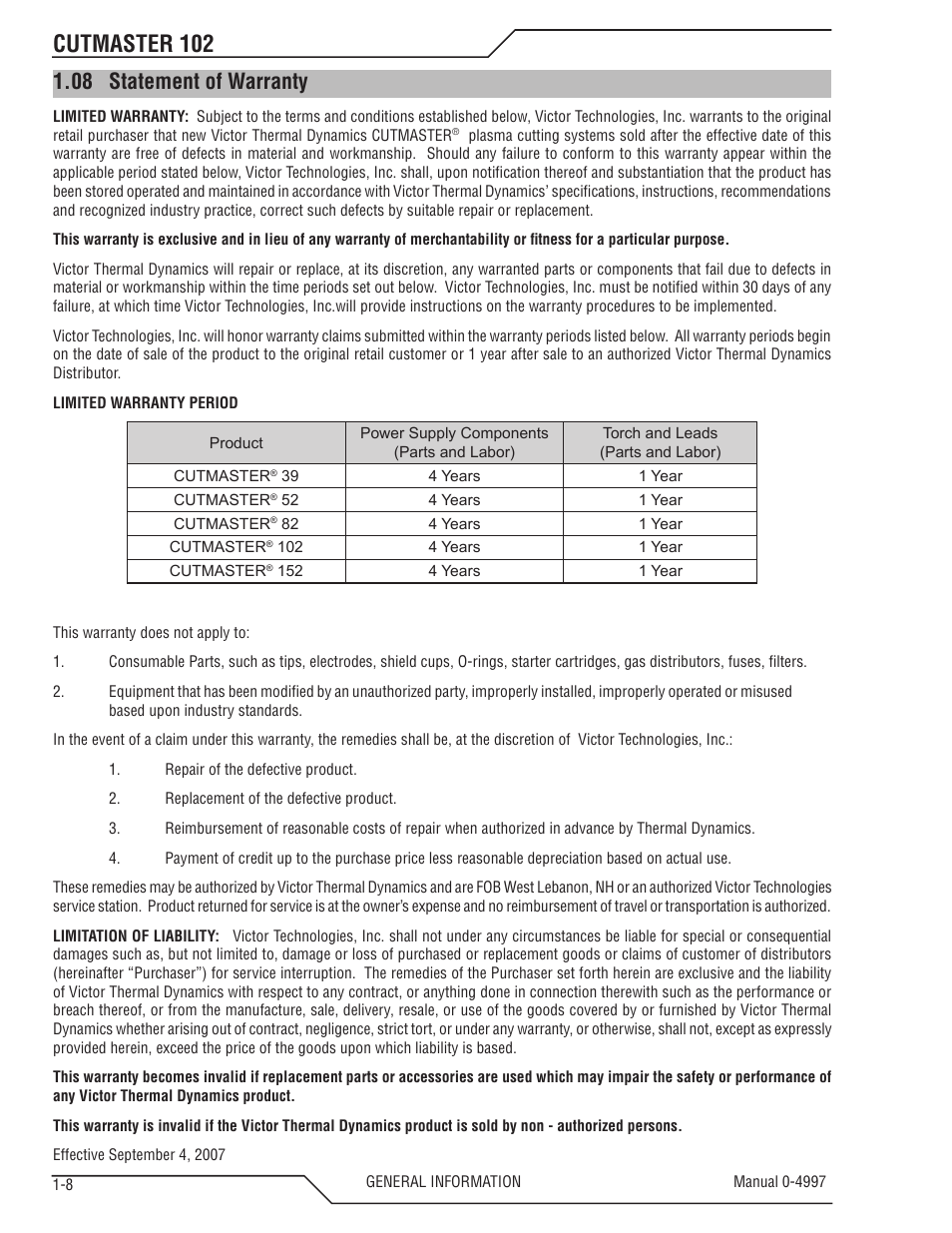 08 statement of warranty, Statement of warranty -8, Cutmaster 102 | Tweco 102 Cutmaster User Manual | Page 14 / 84