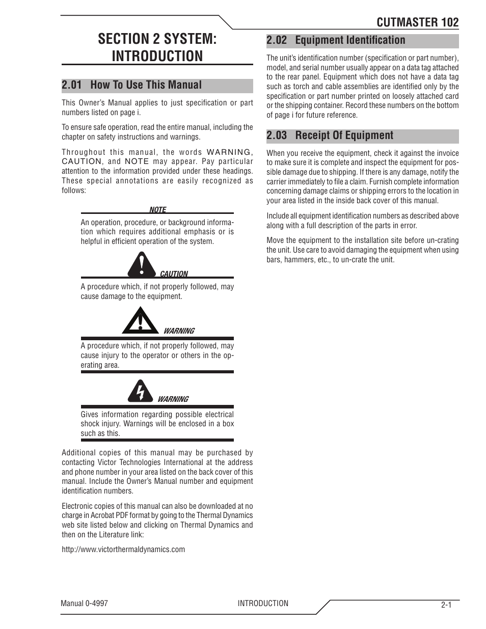 Section 2 system: introduction, 01 how to use this manual, 02 equipment identification | 03 receipt of equipment, Section 2 system, Introduction -1, How to use this manual -1, Equipment identification -1, Receipt of equipment -1, Cutmaster 102 | Tweco 102 Cutmaster User Manual | Page 15 / 84