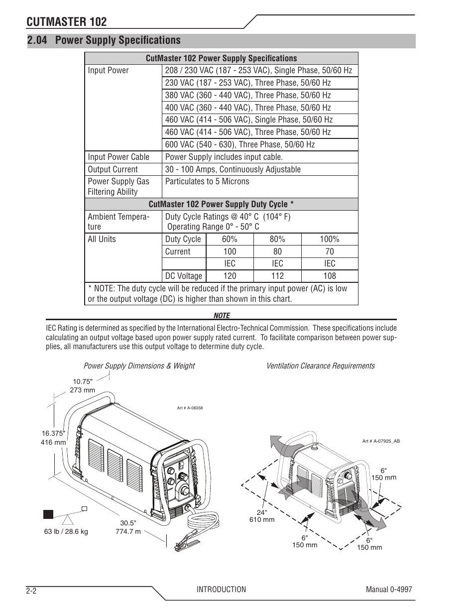 04 power supply specifications, Power supply specifications -2, Cutmaster 102 | Tweco 102 Cutmaster User Manual | Page 16 / 84